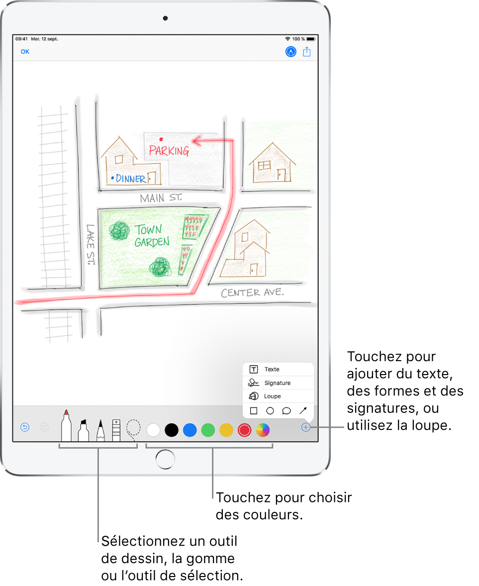 Une image dessinée dans un e-mail. Les outils pour la création du dessin se trouvent en bas de l’écran. Les outils sont, de gauche à droite, des stylos, un crayon, une gomme, un outil de sélection, six choix de couleur et un bouton Ajouter permettant d’ajouter une zone de texte, une signature et des formes, puis un autre pour utiliser la loupe.