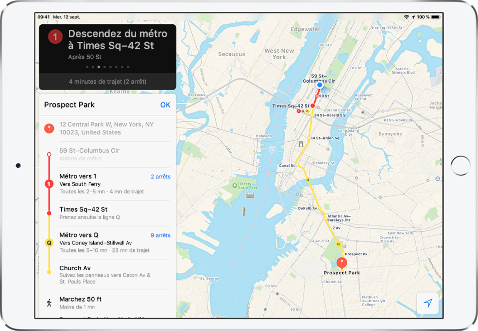 Un plan du réseau de New York indiquant un itinéraire en direction de Prospect Park. Une fiche d’itinéraire à gauche affiche un itinéraire guidé, notamment une correspondance et 15 m de marche.