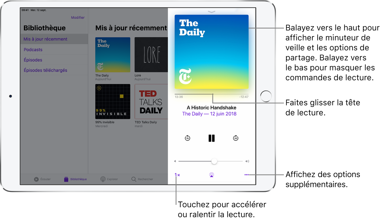 Les commandes de lecture sur le côté droit de l’écran. Au centre se trouve la commande pour lire ou mettre en pause le podcast. En dessous se trouve la commande de volume. En haut de l’écran se trouve un curseur permettant de rembobiner ou d’avancer dans le podcast. Dans le coin inférieur gauche se trouve la commande permettant de modifier la vitesse de lecture. Dans l’angle inférieur droit se trouve le bouton Plus.