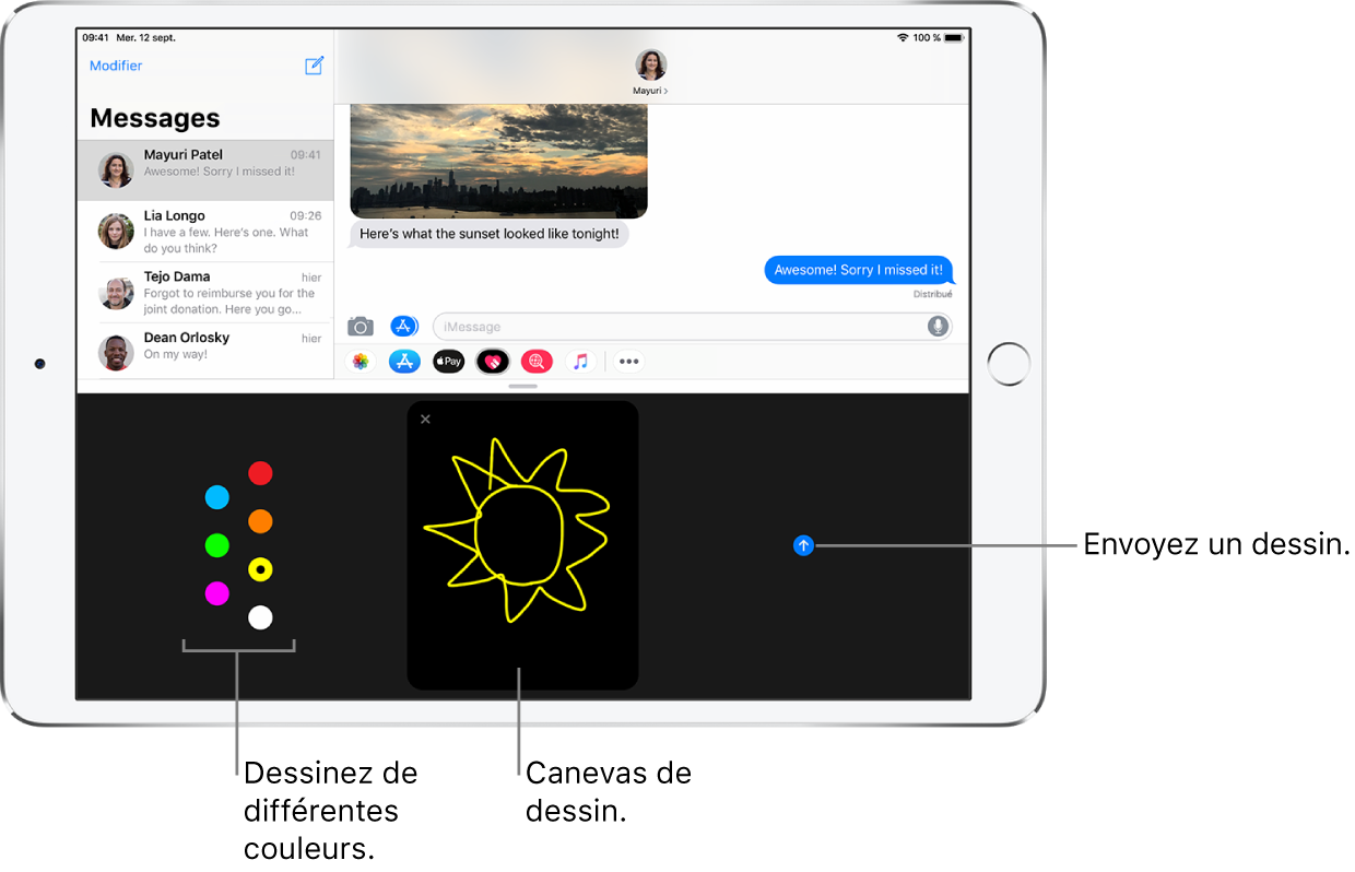 Une fenêtre Messages avec l’écran Digital Touch en bas. Les options de couleurs sont à gauche, le canevas de dessin est au centre et le bouton Envoyer est à droite.