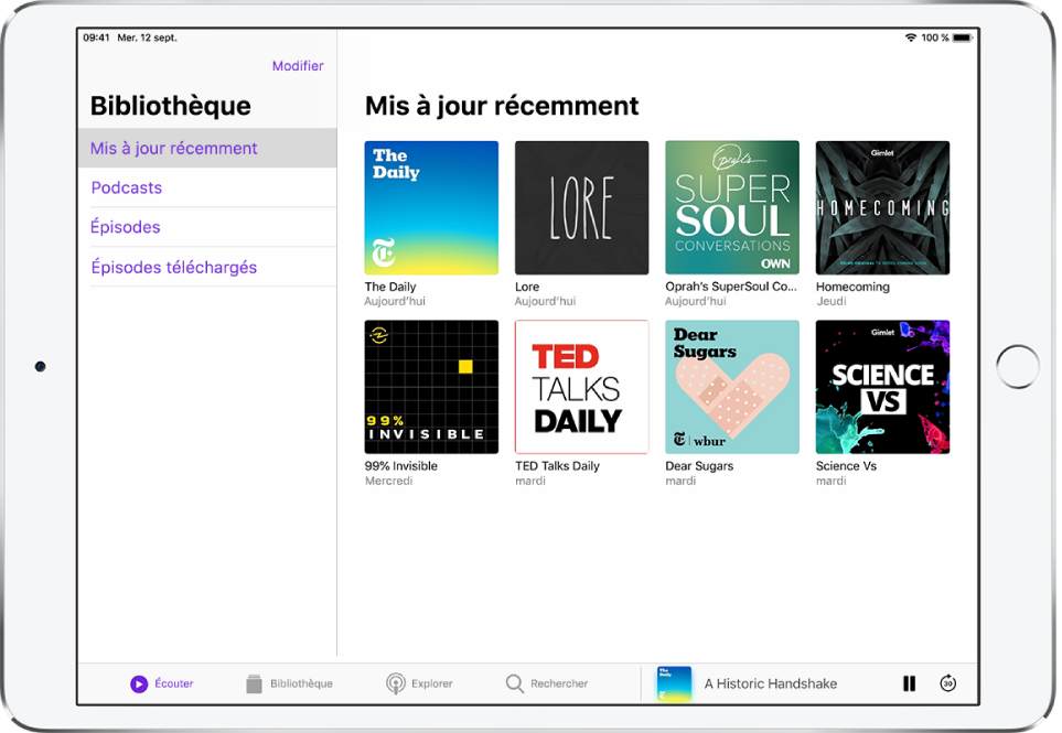 L’onglet Bibliothèque affichant les podcasts récemment mis à jour.