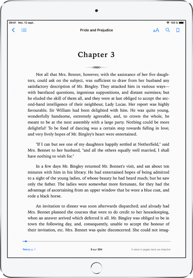 La page d’un livre ouvert dans l’app Livres affichant les commandes de navigation en haut de l’écran, de gauche à droite : l’option pour fermer un livre, la table des matières, le menu de l’aspect, la fonction de recherche et la fonction de signet.