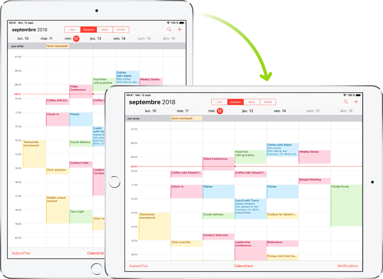 En arrière-plan, l’iPad présente un écran Calendrier en mode portrait ; au premier plan, l’iPad est tourné et affiche l’écran Calendrier en mode paysage.