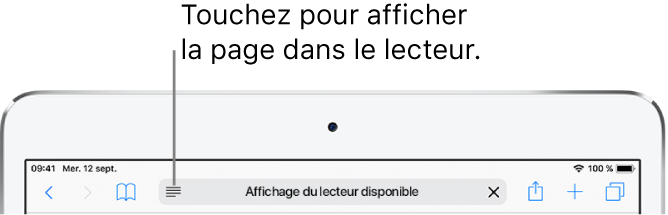 La barre d’outils Safari, avec le bouton Lecteur sur le côté gauche du champ d’adresse.