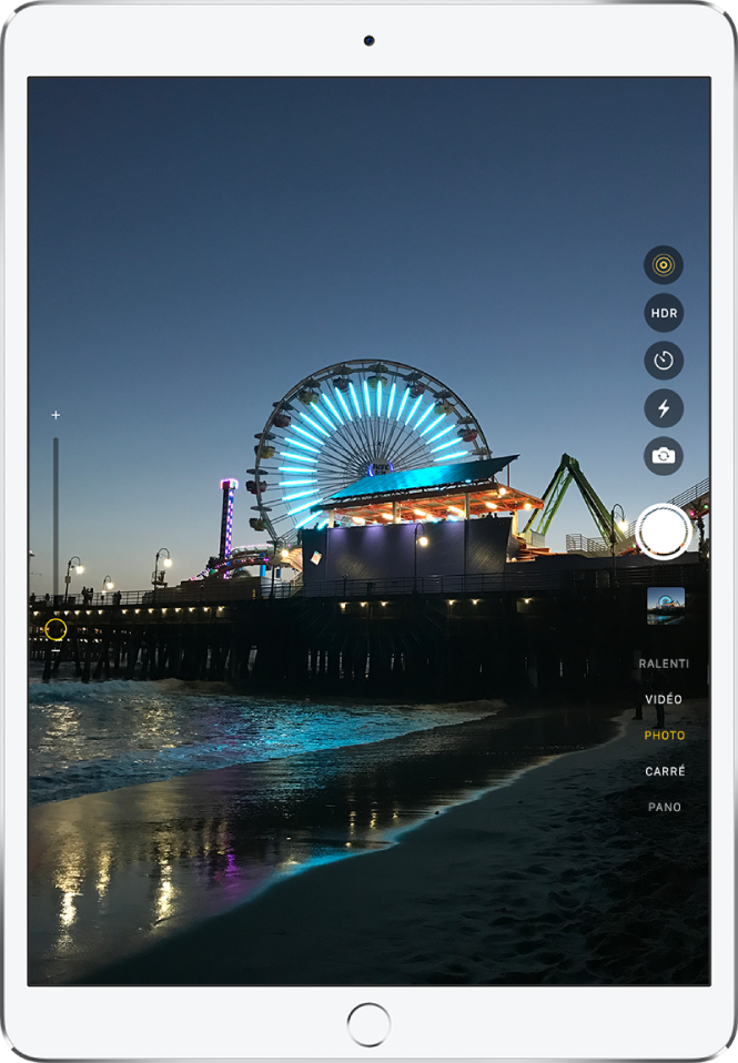 Une image sur l’écran Appareil photo prise avec l’iPad Pro (9,7 pouces). Le bouton de l’obturateur se trouve sur la droite, avec les boutons pour changer de caméra et pour choisir un mode de photo.