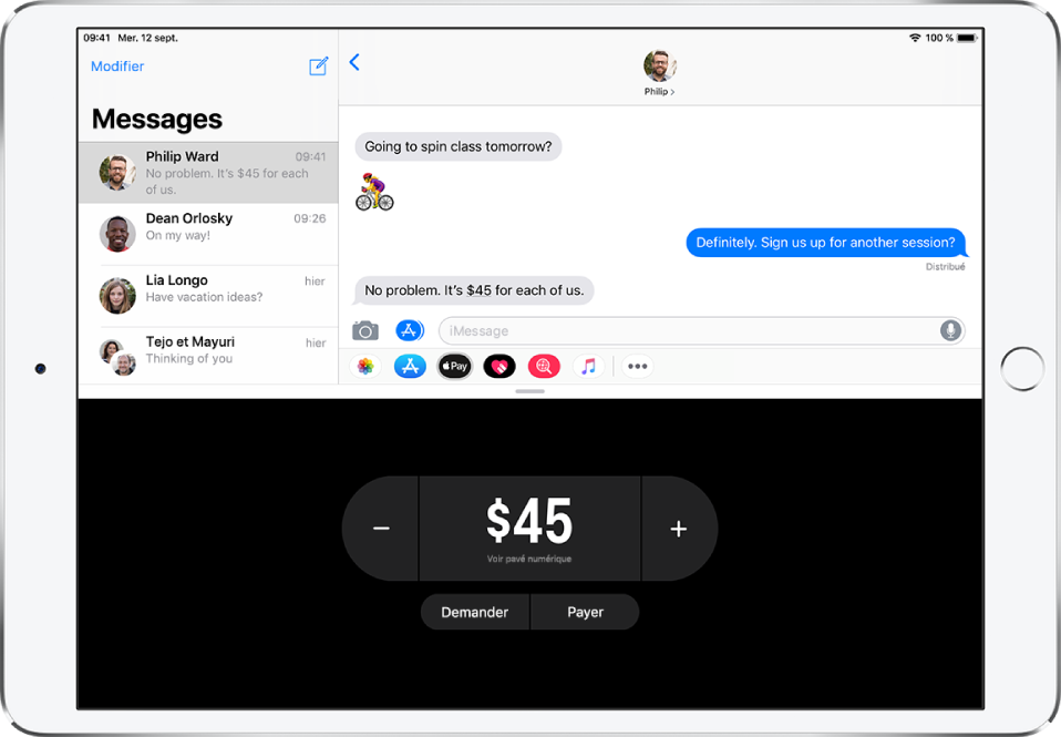 Une conversation iMessage avec l’app Apple Pay ouverte en bas.