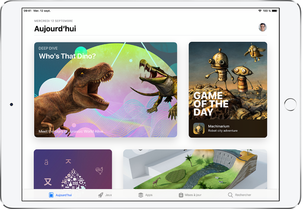 L’écran Aujourd’hui de l’App Store, avec une app recommandée. Votre photo de profil, que vous touchez pour afficher vos achats, se trouve en haut à droite de l’écran. En bas de l’écran, de gauche à droite, se trouvent les onglets Aujourd’hui, Jeux, Apps, Mises à jour et Recherche.