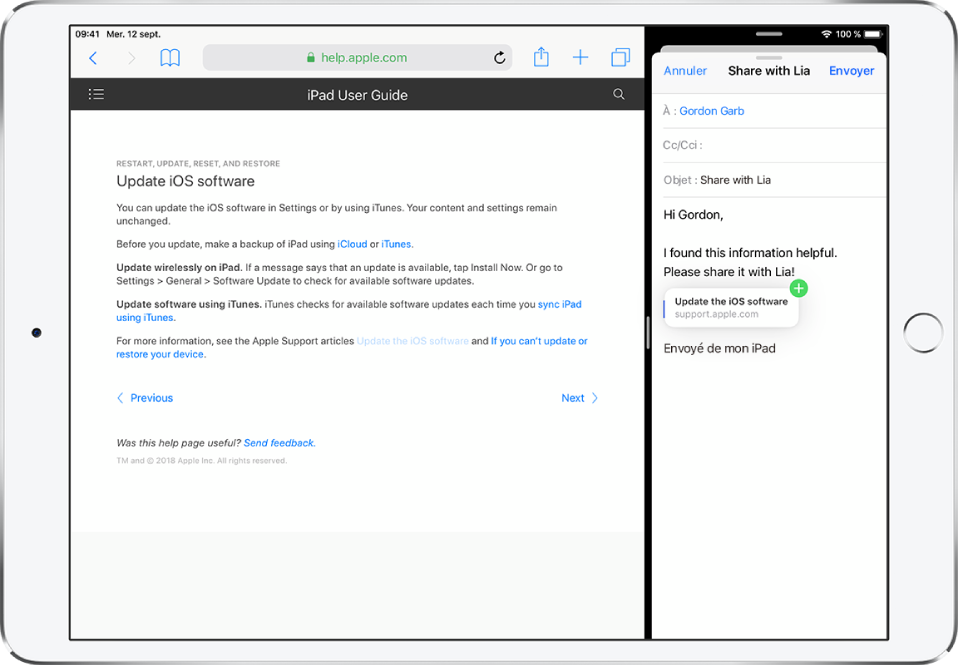 Une présentation Split View avec une page web à gauche et un e-mail à droite. Un lien de la page web glissant vers l’e-mail.