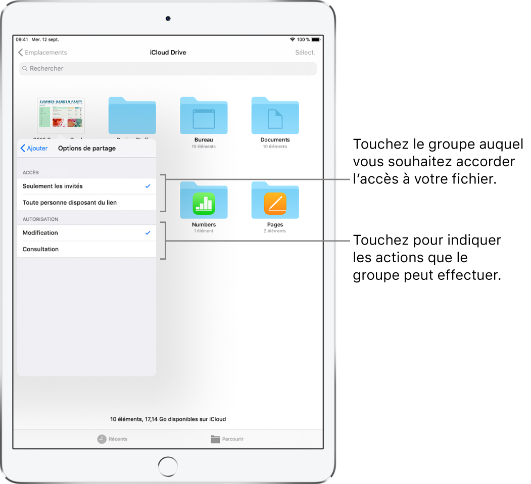 L’écran « Options de partage » affichant les autorisations que vous pouvez définir pour le fichier partagé. En haut se trouvent les options permettant de définir qui peut accéder au fichier (seules les personnes que vous invitez ou toutes les personnes disposant d’un lien vers le fichier). En dessous sont présentées les actions que vous voulez autoriser pour ces personnes (apporter des modifications au fichier ou seulement le consulter).