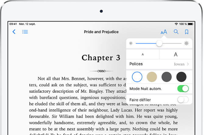 Le menu Apparence d’un livre sélectionné affichant, de haut en bas, les commandes relatives à la luminosité, à la taille de la police, au style de la police, à la couleur de la page, au mode Nuit automatique et à la présentation en défilement.