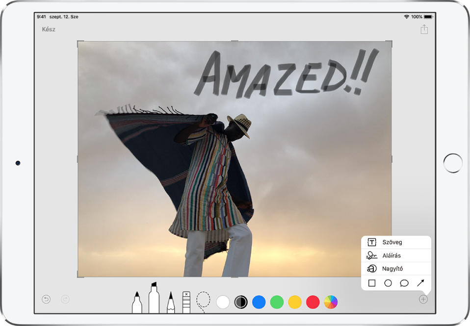 Photo, szürke kézírással kiegészítve („Amazed!!”) A rajzeszközök és a színválasztók a képernyő alján jelennek meg. A jobb alsó sarokban egy menü található különféle opciókkal szövegek, aláírások, nagyító vagy alakzatok hozzáadásához.