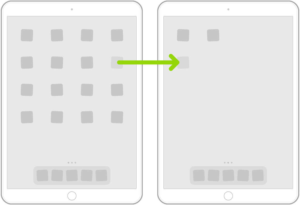 Ikon yang bergoyang di layar Utama dengan panah menampilkan satu app sedang diseret ke halaman berikutnya.
