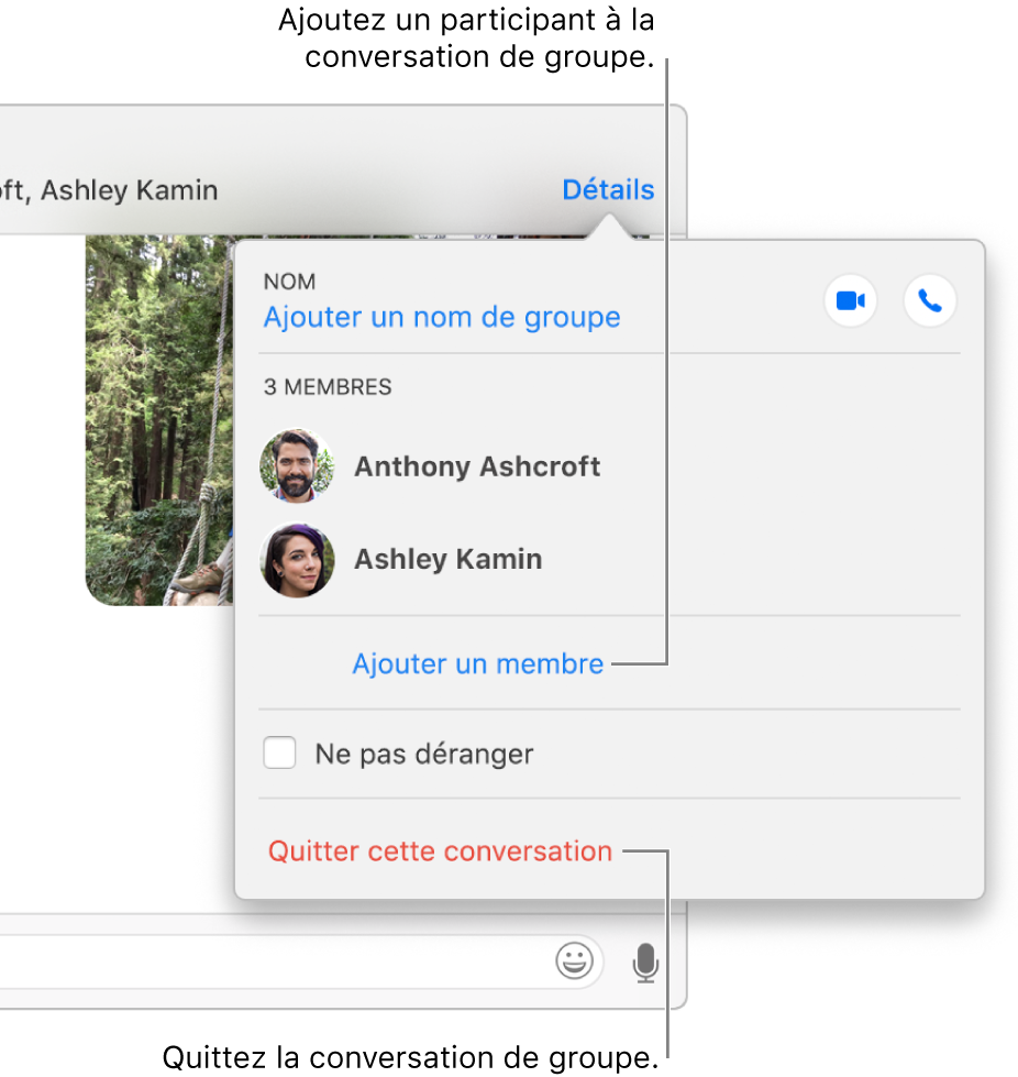 Vue détaillée s’affichant après avoir cliqué sur Détails dans une conversation de groupe. Ajouter un membre apparaît en dessous du nom du dernier participant dans la liste, tandis que Quitter cette conversation se situe au bas de la zone de dialogue.