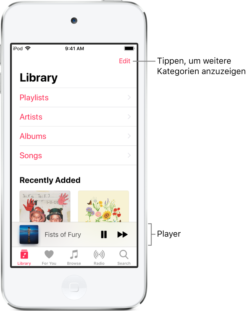 Der Bildschirm „Mediathek“ mit einer Liste der Kategorien „Playlists“, „Künstler“, „Alben“ und „Musiktitel“. Die Überschrift „Zuletzt hinzugefügt“ wird unter der Liste angezeigt. Der Player mit dem Titel des aktuellen Musiktitels und den Tasten „Anhalten“ und „Nächster Titel“ unten.