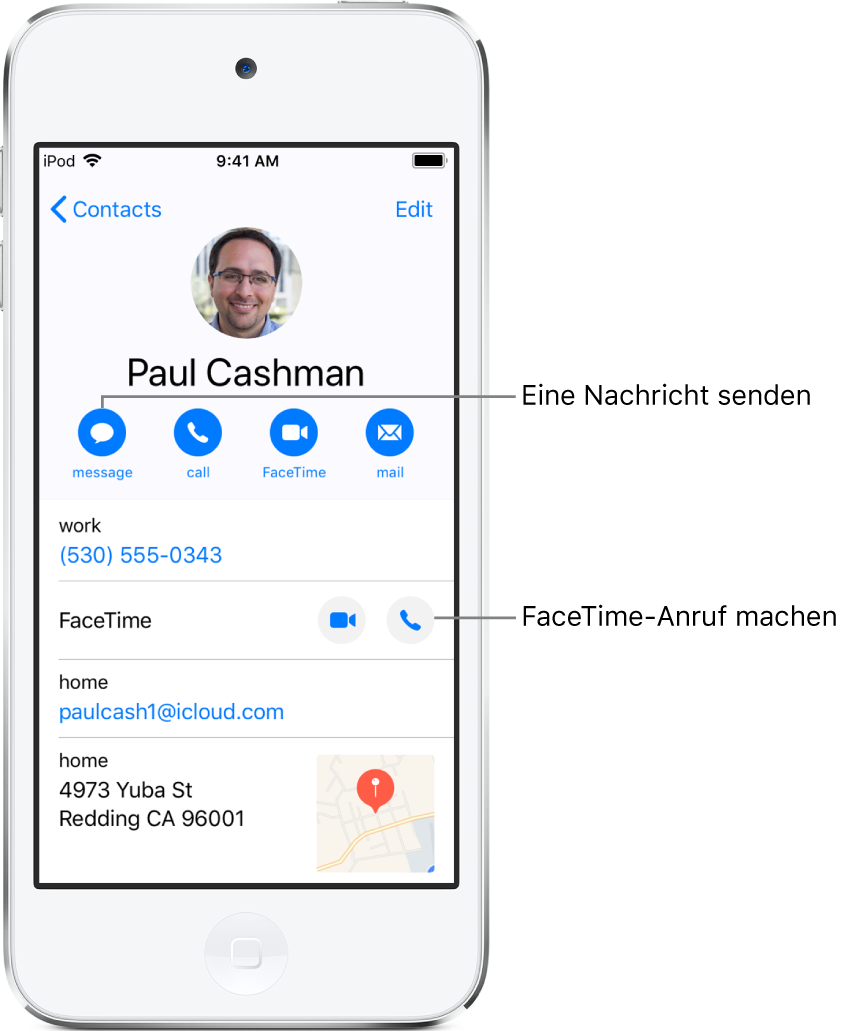 Der Informationsbildschirm für einen Kontakt. Oben werden das Foto und der Name des Kontakts angezeigt. Darunter befinden sich die Tasten zum Senden einer Nachricht, zum Tätigen eines Anrufs, zum Tätigen eines FaceTime-Anrufs und zum Senden einer E-Mail-Nachricht. Unter den Tasten sind die Informationen des Kontakts zu sehen.