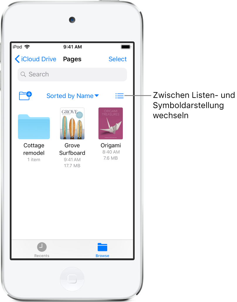 Ein iCloud Drive-Speicherort für Pages-Dateien. Bei den nach Namen sortierten Objekten handelt es sich um den Ordner „Cottage remodel“ und die folgenden zwei Dokumente: Grove Surfboard und Origami.