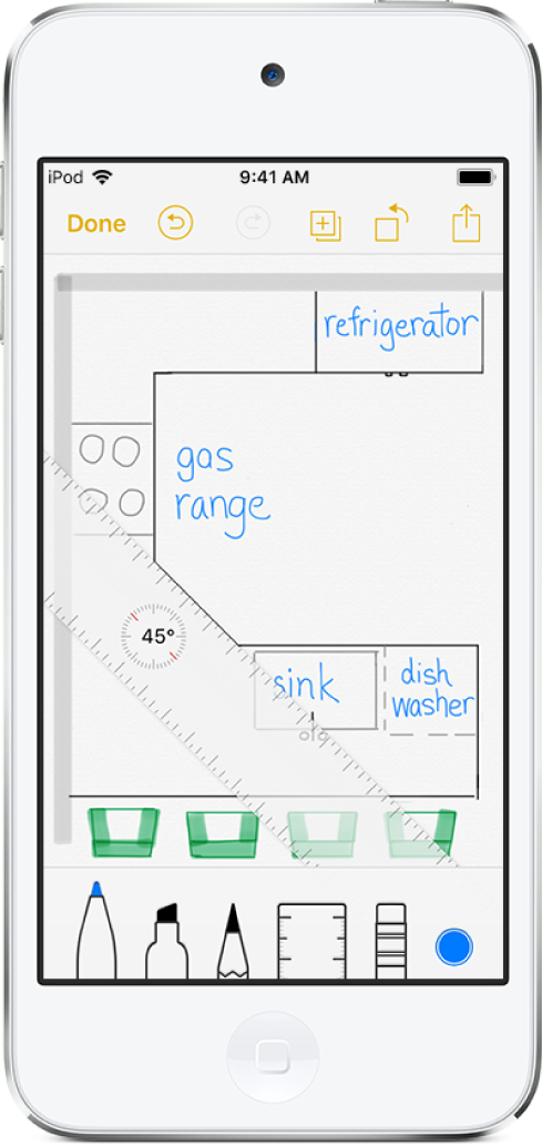 A sketch showing a kitchen floor plan with a ruler at 45 degrees. Drawing tools appear below the sketch.