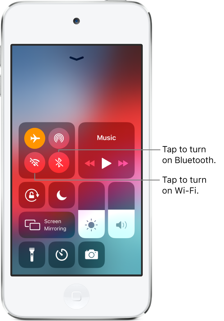 Control Center with airplane mode on, with callouts explaining that tapping the bottom-left button in the top-left group of controls turns on Wi-Fi and tapping the bottom-right button in that group turns on Bluetooth.