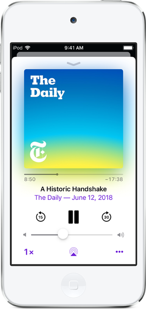 The playback controls on the Now Playing screen. Below the podcast artwork, drag the track position slider to rewind or move ahead. Below the episode title, there are buttons to rewind, play or pause, and fast forward. Below those is the volume control. In the bottom-left corner is the control for changing the playback speed. In the bottom-right corner is the More button.