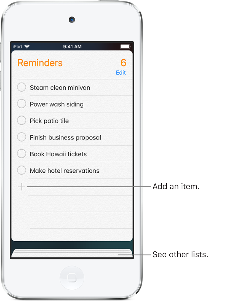 A Reminders screen showing a list of reminders. An Add button appears at the bottom left of the list.