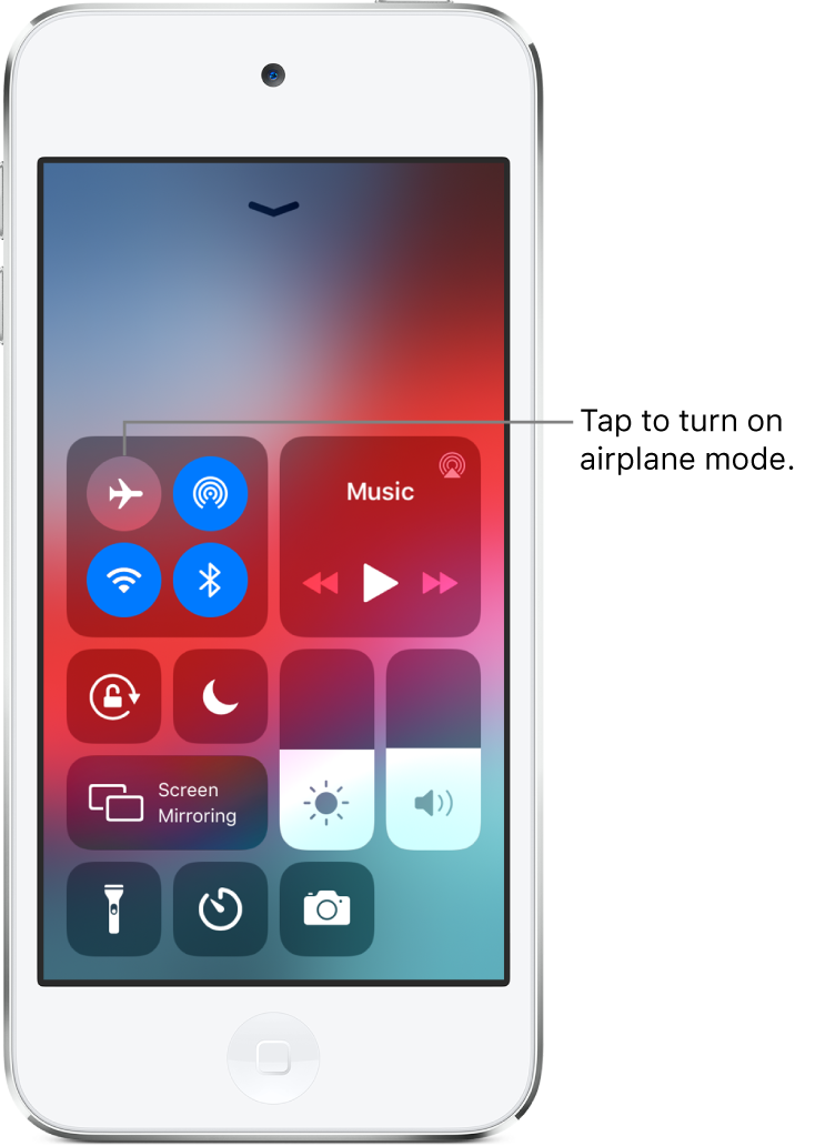 A screen with Control Center with a callout explaining that tapping the top-left button turns on airplane mode.