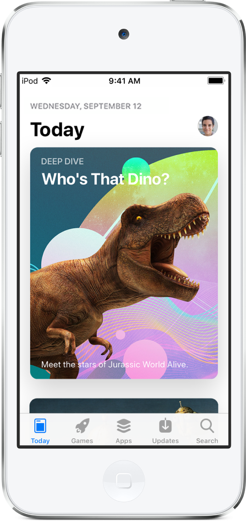 The Today screen of the App Store showing a featured app. At the bottom of the screen, from left to right, are the Today, Games, Apps, Updates, and Search buttons.