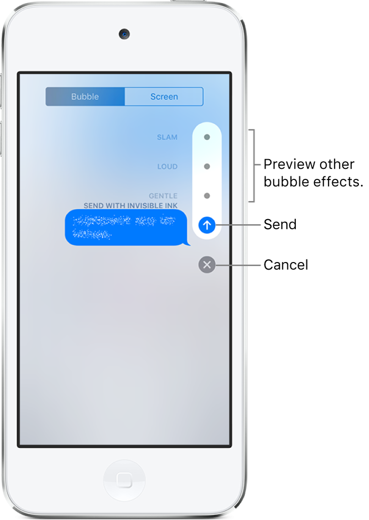 A message preview with the invisible ink effect. Along the right, tap a control to preview other bubble effects. Tap the same control again to send, or tap the Cancel button below to return to your message.