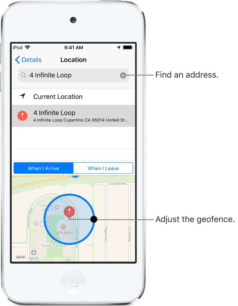 The location details for a reminder. At the top of screen is the search field, containing an address. Below that is the address of the location found in search results. At the bottom of the screen is a map showing a geofence around the location. On the right edge of the geofence is a dot, which you can drag to adjust the size of the geofence.