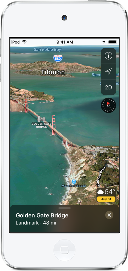 A 3D satellite map of the area around the Golden Gate Bridge. A compass and other controls appear in the upper right, and a weather icon with a temperature reading and an air quality index appears in the lower right.