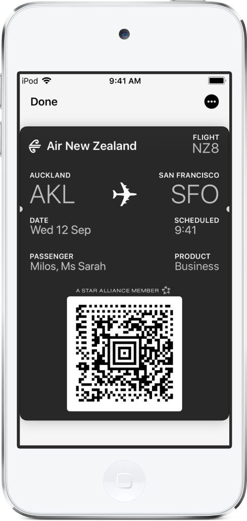 A boarding pass in Wallet showing flight information and the QR code at the bottom.