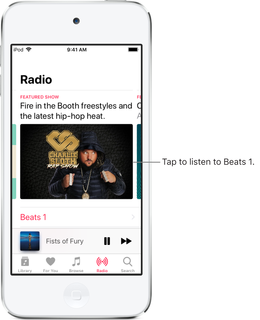 The Radio screen showing Beats 1 Radio at the top. Beats 1 and Radio Stations entries appear below.