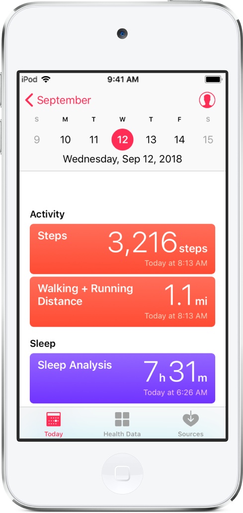 Écran Aujourd’hui de l’app Santé montrant le nombre de pas que vous avez réalisés aujourd’hui et la distance parcourue en marchant ou en courant.