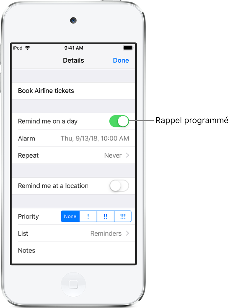 Un écran présentant les détails d’un rappel, avec la commande « Me notifier un certain jour » activée, ainsi que la date et l’heure programmées en dessous.