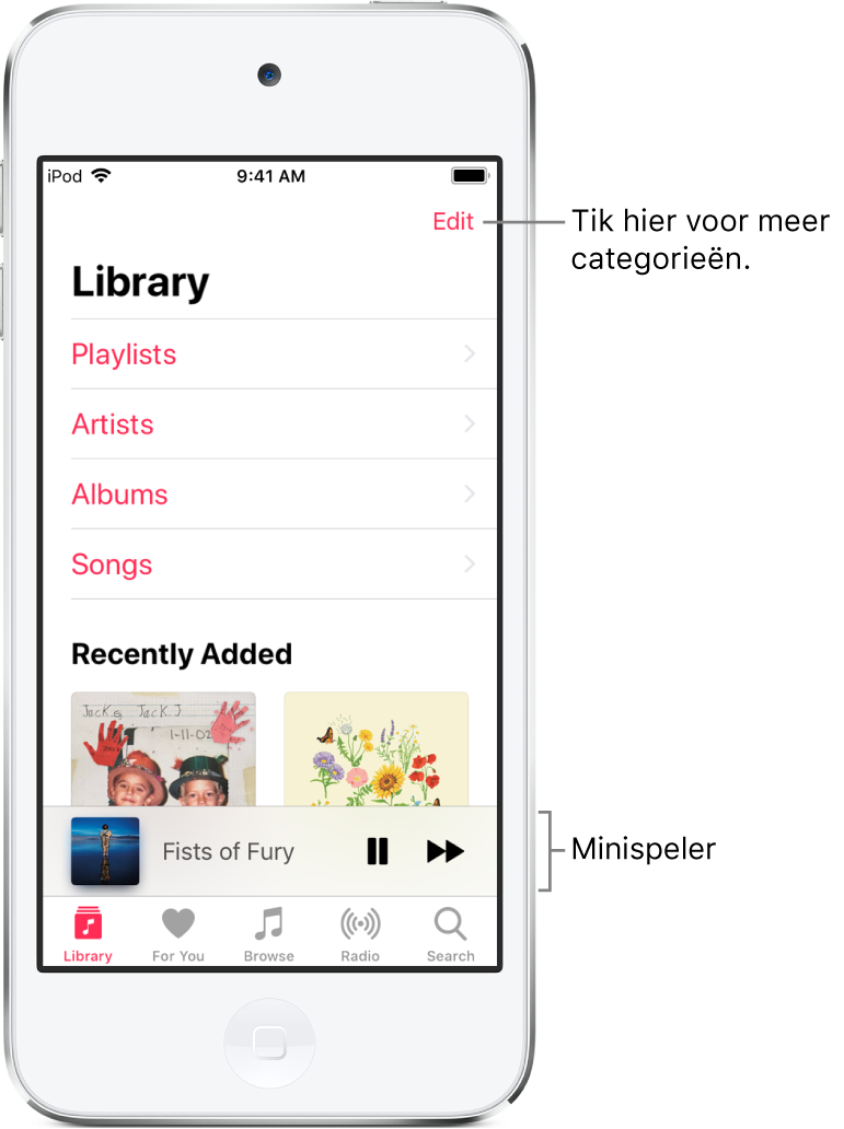 Het Bibliotheek-scherm met een lijst categorieën, waaronder 'Afspeellijsten', 'Artiesten', 'Albums' en 'Nummers'. De kop 'Pas toegevoegd' wordt onder de lijst weergegeven. In de minispeler zie je de titel van het huidige nummer, met de knoppen 'Pauze' en 'Volgende' onderin.