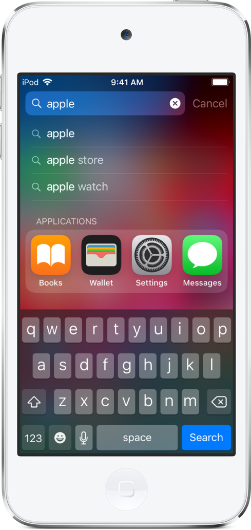 หน้าจอแสดงการค้นหาเนื้อหาบน iPod touch ที่ด้านบนสุดคือช่องค้นหาที่มีข้อความค้นหา “apple” และด้านล่างช่องค้นหามีผลลัพธ์การค้นหาสำหรับข้อความเป้าหมาย