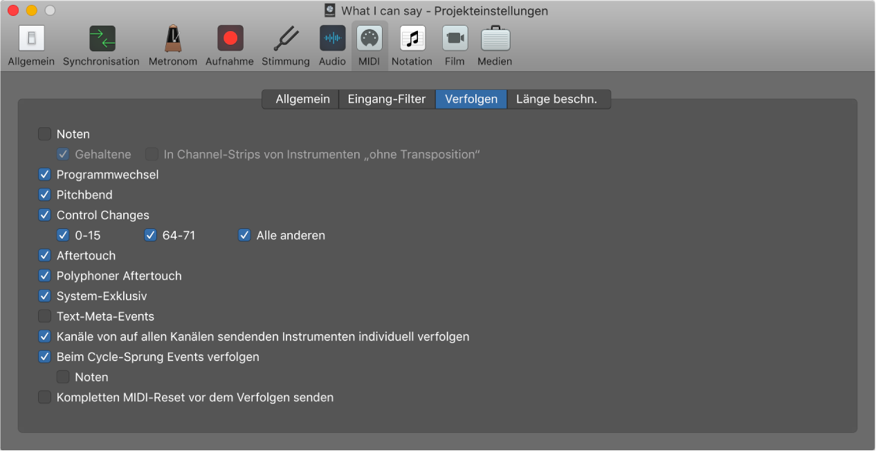 Abbildung. Bereich „Verfolgen“ der MIDI-Projekteinstellungen
