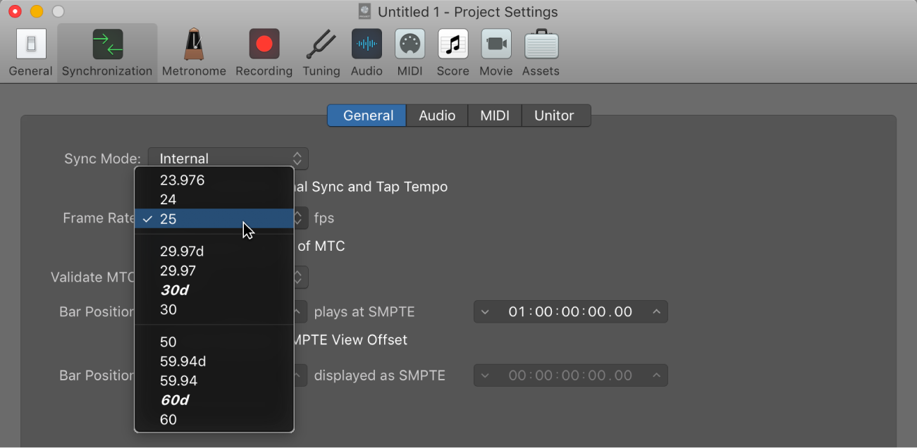 Figure. Synchronization project settings showing Frame Rate pop-up menu.