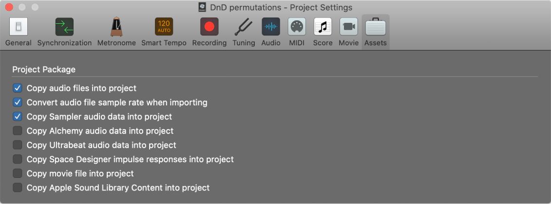 Figure. Assets project settings pane.