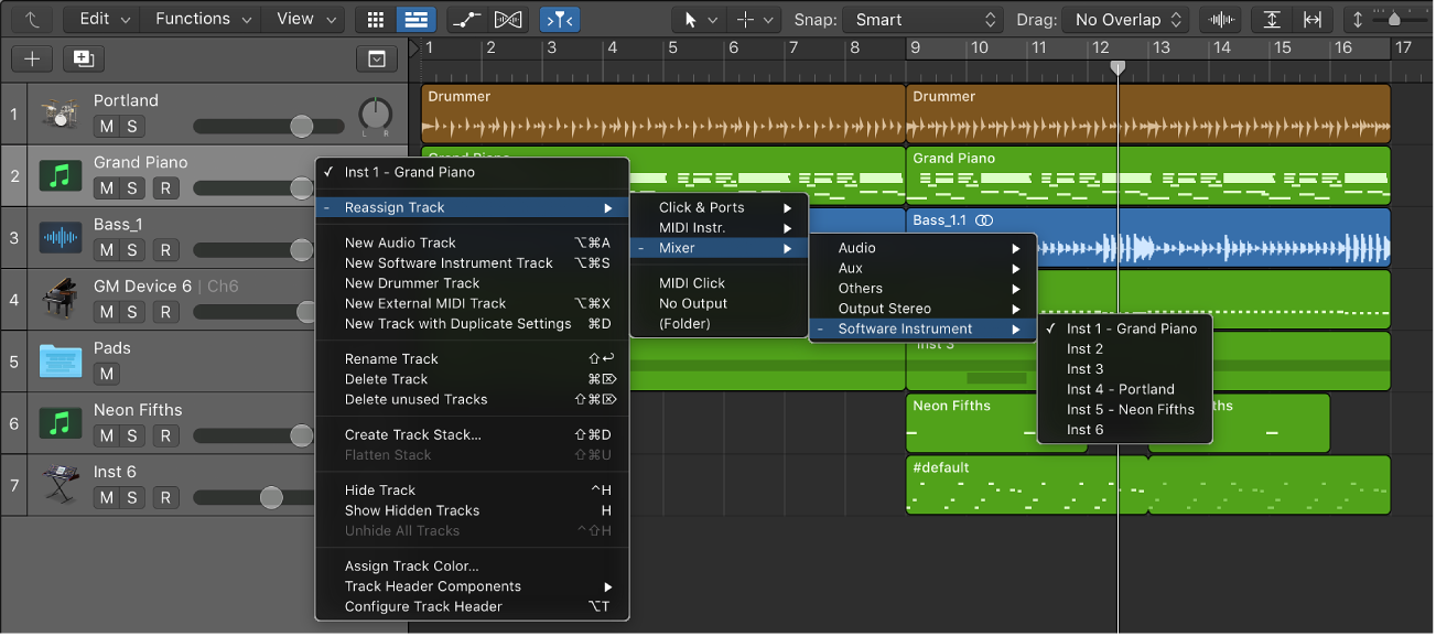 Figure. Reassign Track shortcut menu showing destinations.