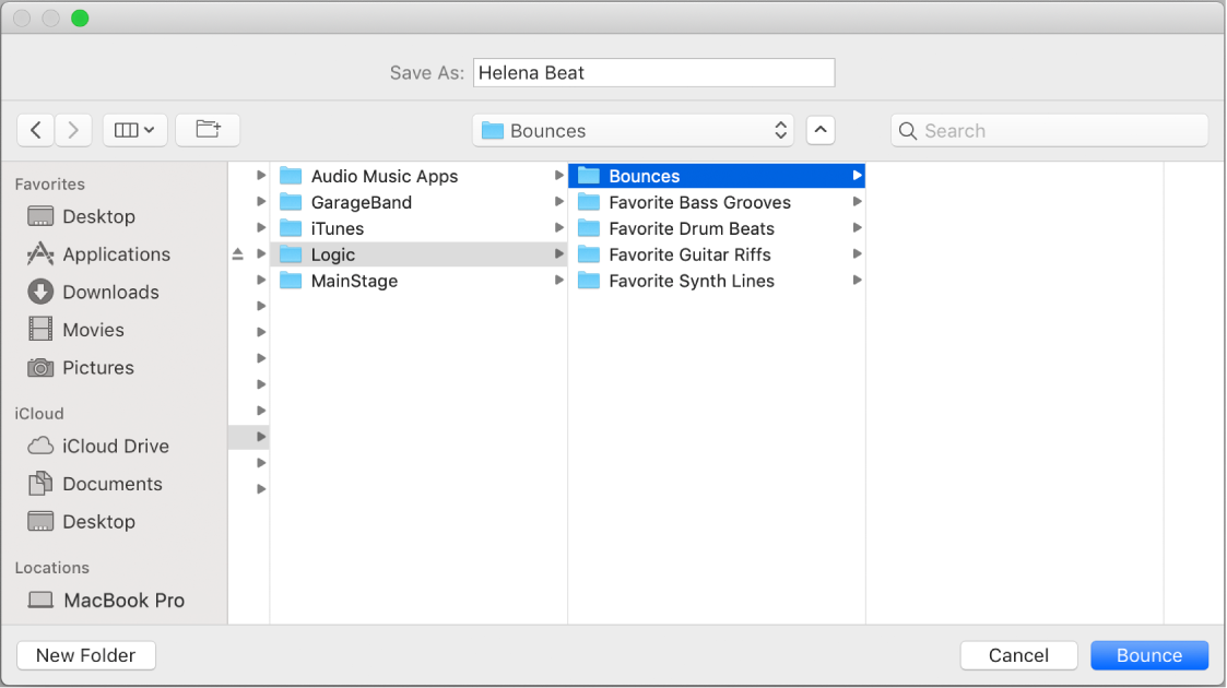 Figure. File name and folder settings in the Bounce window.