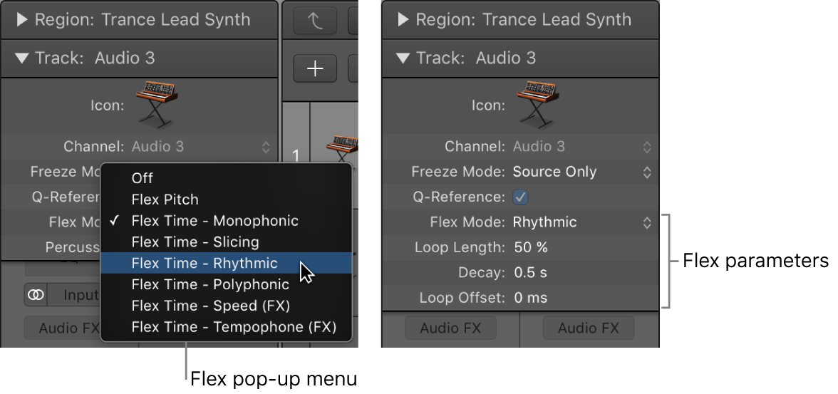 Figure. Track inspector showing Flex algorithms and parameters.