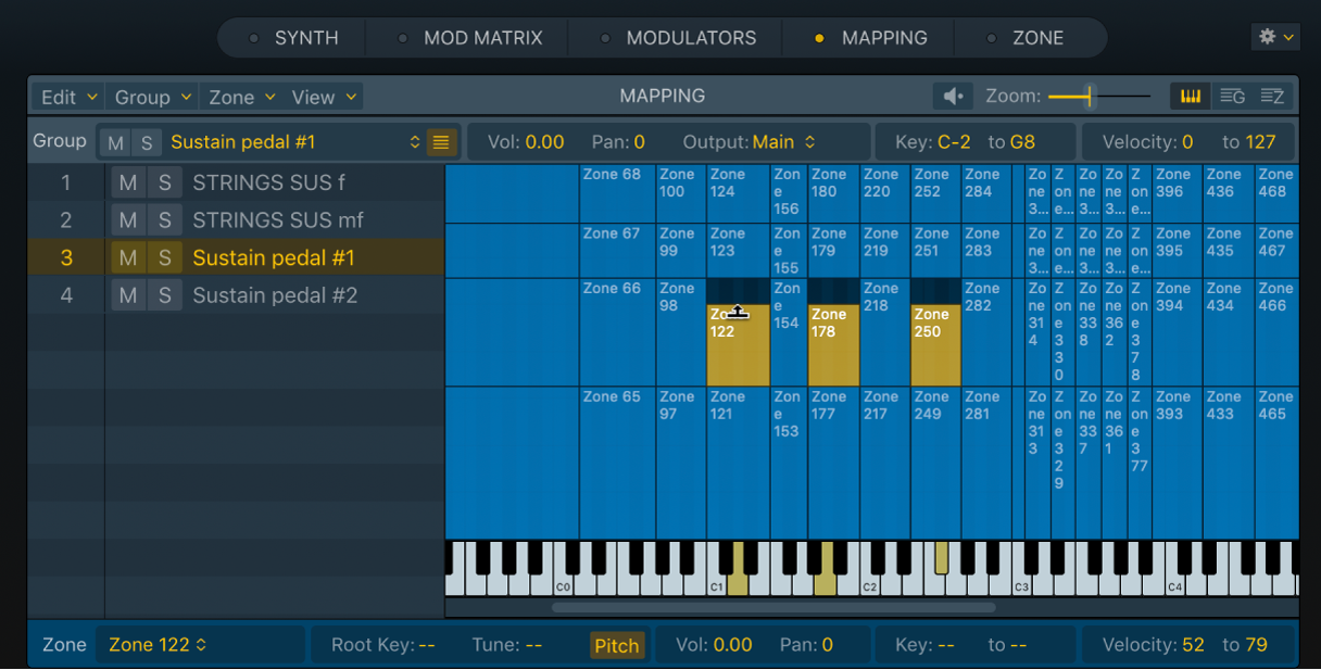 Figure. Mapping pane keyboard view with multiple selected zones, showing a velocity range resize icon at the top of a selected zone.