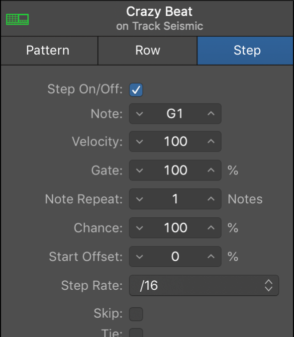 Step Sequencer Local inspector showing step settings.