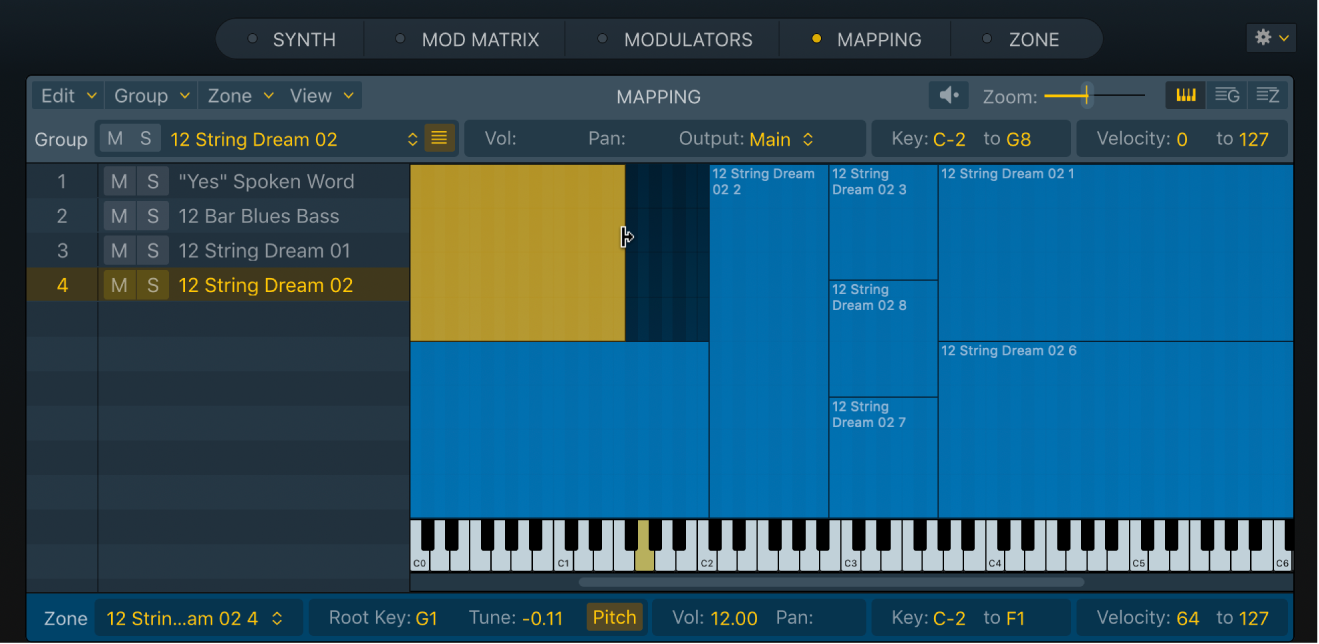 Figure. Mapping pane keyboard view with selected zone showing key range resize icon at the right hand side.