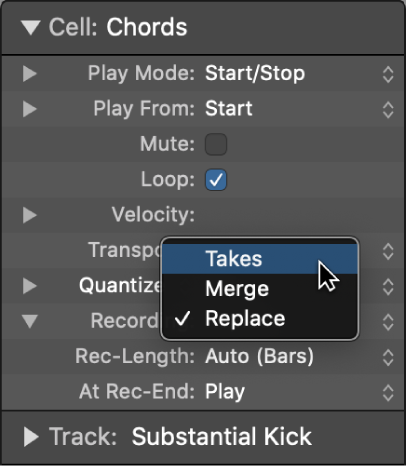 Figure. Recording pop-up menu in the Cell inspector showing the Recording modes.