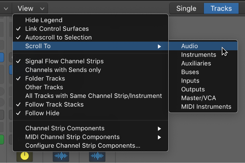 Figure. Scroll To submenu of the Mixer’s View menu.