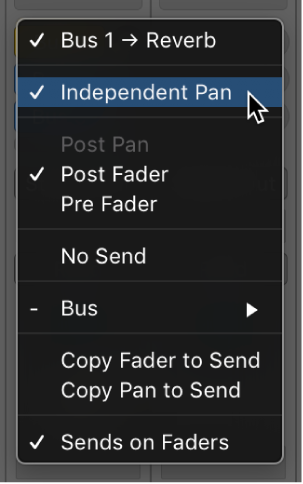 Figure. Independent Pan mode in Send pop-up menu.