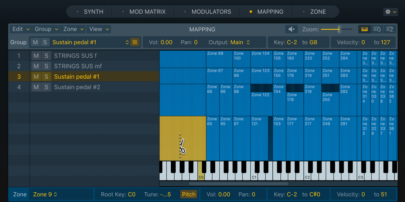 Figure. Sampler Mapping pane keyboard view showing a zone being cut vertically.