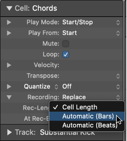 Figure. Rec-Length settings pop-up menu in the Cell inspector.