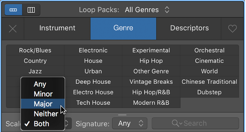 Figure. Scale pop-up menu in the Loop Browser.